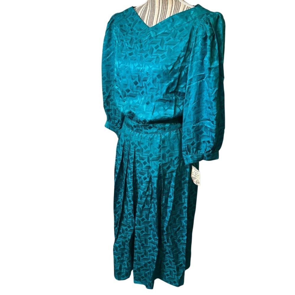 Vintage Maggy London Dress Sz 12 100% Silk Jeannene Booher Jade Green Sheen Geo - Picture 7 of 15